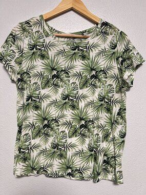 Studio 12 Green Tropical Palm Leaf Print Cotton Short Sleeve Crewneck Tee Size M